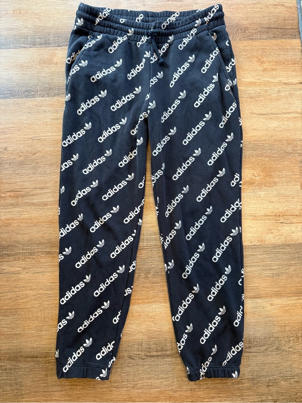 adidas Black Joggers with Allover White Logo Print Women’s Large